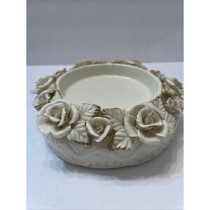 Vintage Ceramic Large Candle/Plant Holder Ivory Gold Trimmed Roses 7x2" Detailed